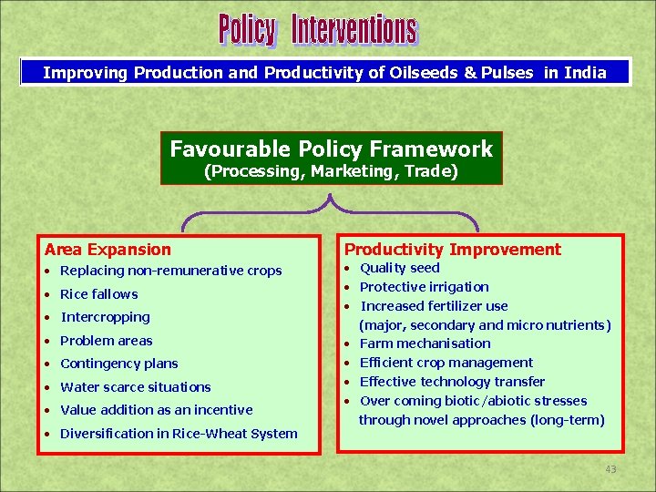 Improving Production and Productivity of Oilseeds & Pulses in India Favourable Policy Framework (Processing,