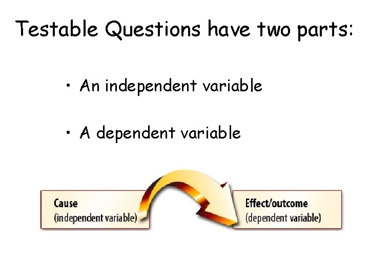 Testable Questions have two parts: • An independent variable • A dependent variable 