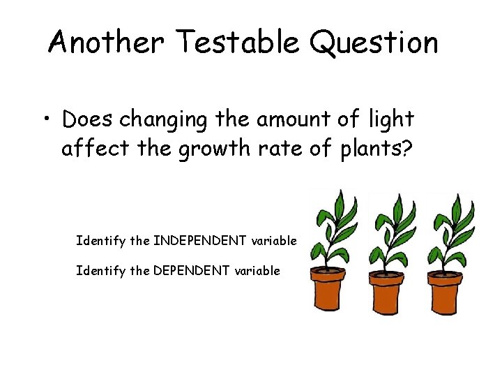 Another Testable Question • Does changing the amount of light affect the growth rate