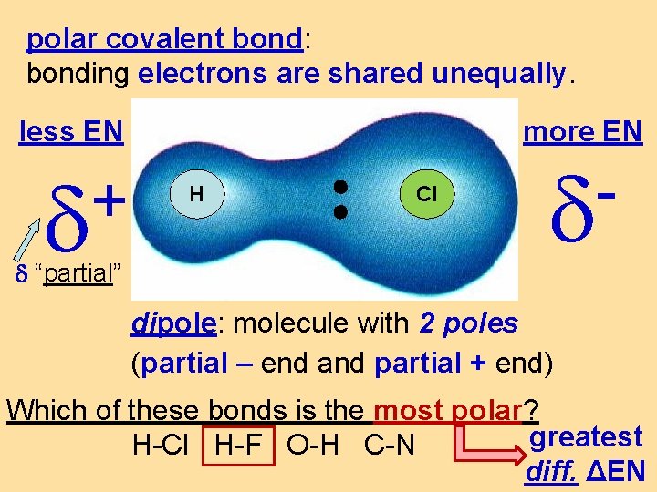 polar covalent bond: bonding electrons are shared unequally. less EN + “partial” more EN