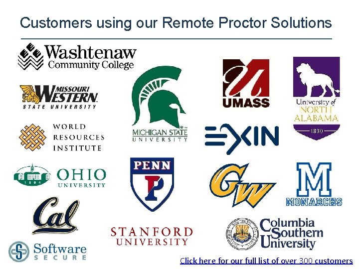 Customers using our Remote Proctor Solutions Click here for our full list of over