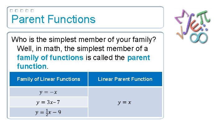 Parent Functions Who is the simplest member of your family? Well, in math, the