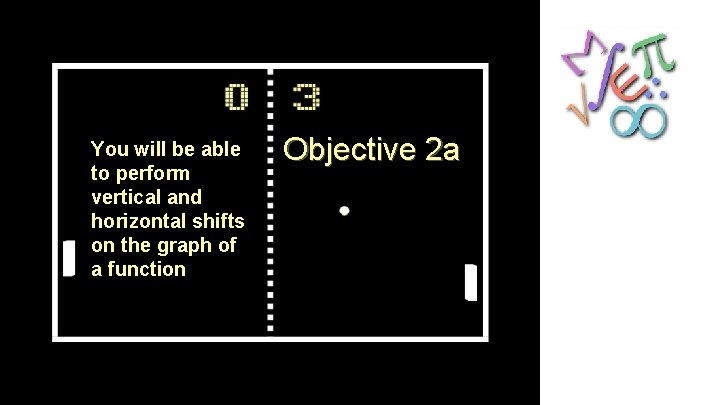 You will be able to perform vertical and horizontal shifts on the graph of