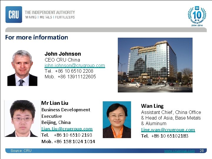 For more information Johnson CEO CRU China johnson@crugroup. com Tel. +86 10 6510 2208