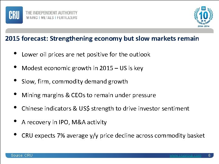 2015 forecast: Strengthening economy but slow markets remain • • Lower oil prices are