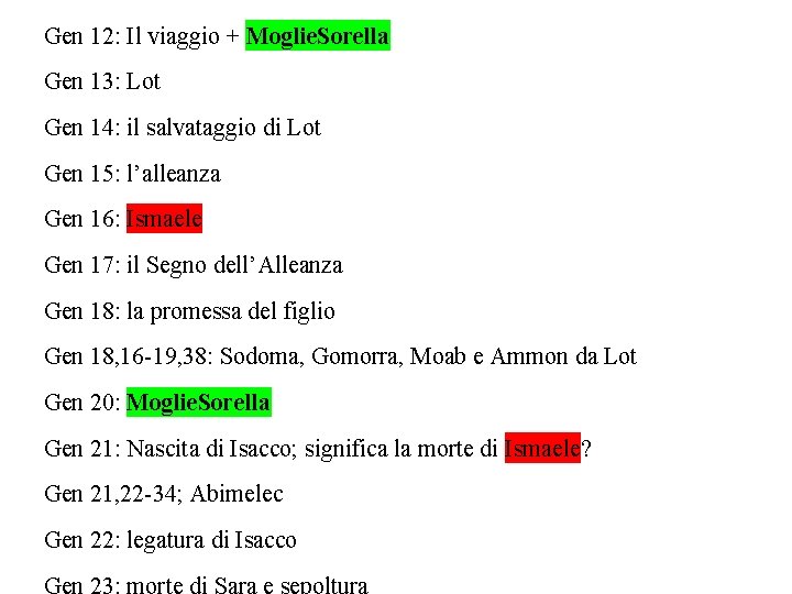 Gen 12: Il viaggio + Moglie. Sorella Gen 13: Lot Abramo Gen 14: il