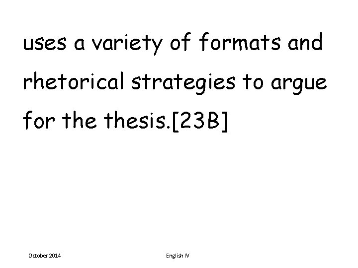 uses a variety of formats and rhetorical strategies to argue for thesis. [23 B]