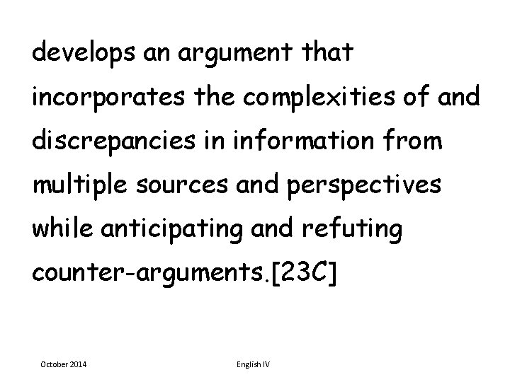 develops an argument that incorporates the complexities of and discrepancies in information from multiple