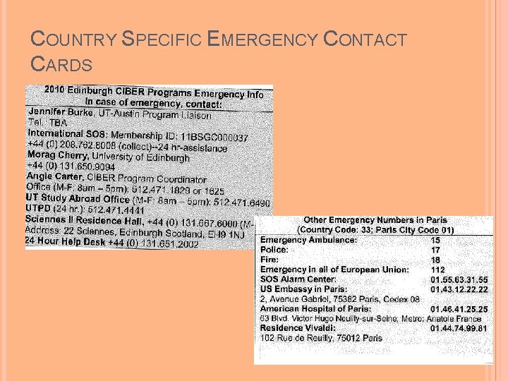COUNTRY SPECIFIC EMERGENCY CONTACT CARDS 