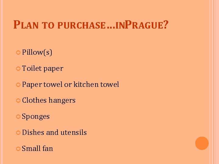 PLAN TO PURCHASE…INPRAGUE? Pillow(s) Toilet paper Paper towel or kitchen towel Clothes hangers Sponges
