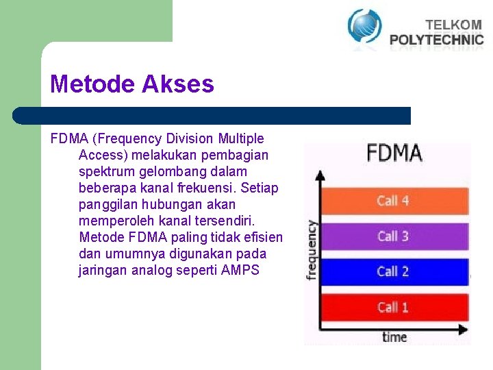 Metode Akses FDMA (Frequency Division Multiple Access) melakukan pembagian spektrum gelombang dalam beberapa kanal