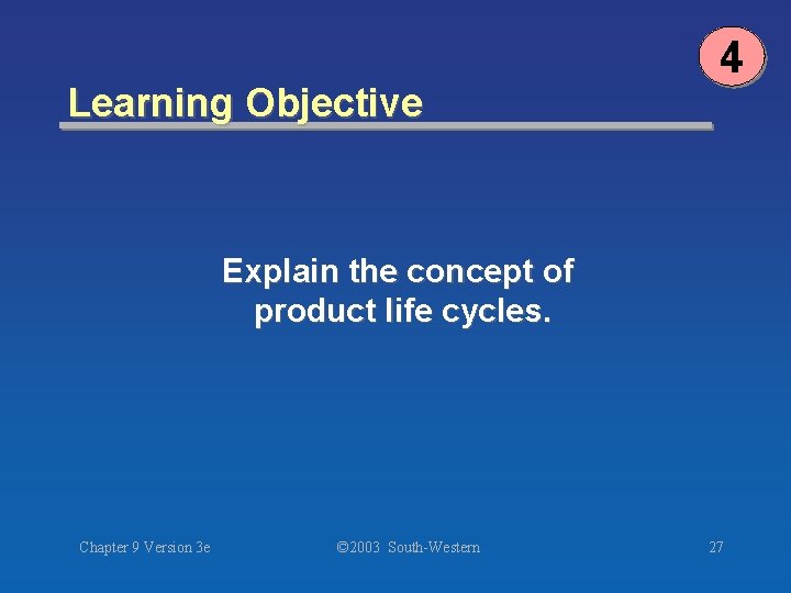 Learning Objective 4 Explain the concept of product life cycles. Chapter 9 Version 3