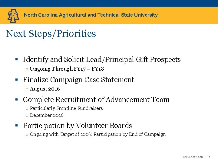 North Carolina Agricultural and Technical State University Next Steps/Priorities § Identify and Solicit Lead/Principal