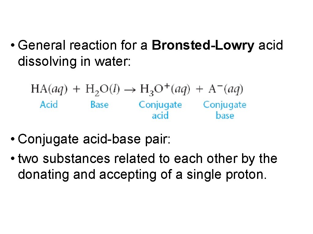  • General reaction for a Bronsted-Lowry acid dissolving in water: • Conjugate acid-base