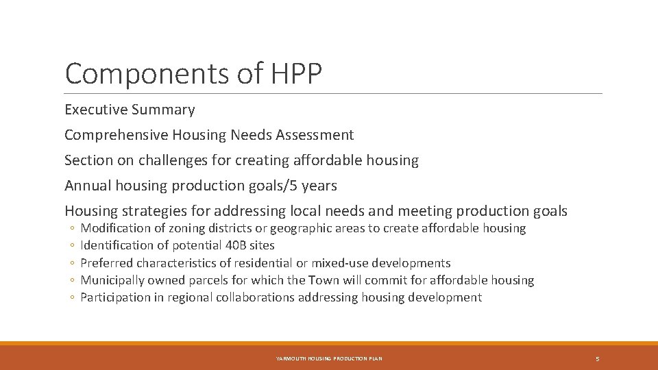 Components of HPP Executive Summary Comprehensive Housing Needs Assessment Section on challenges for creating