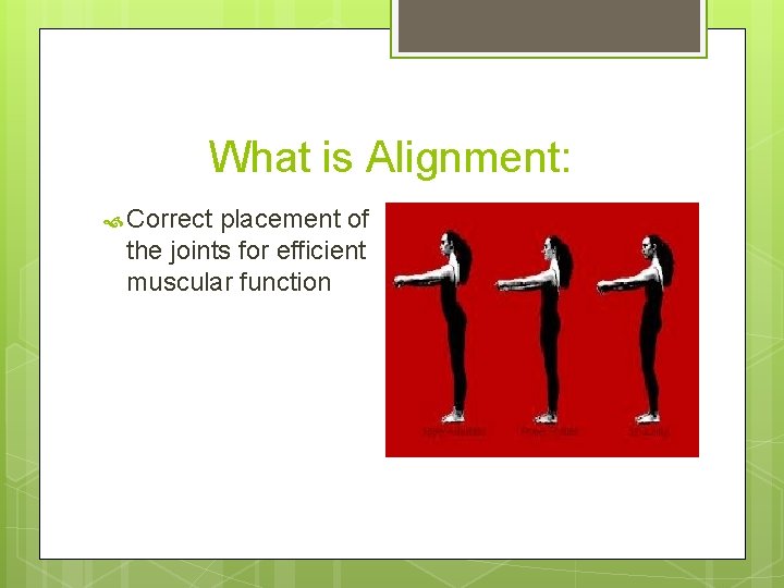 What is Alignment: Correct placement of the joints for efficient muscular function 