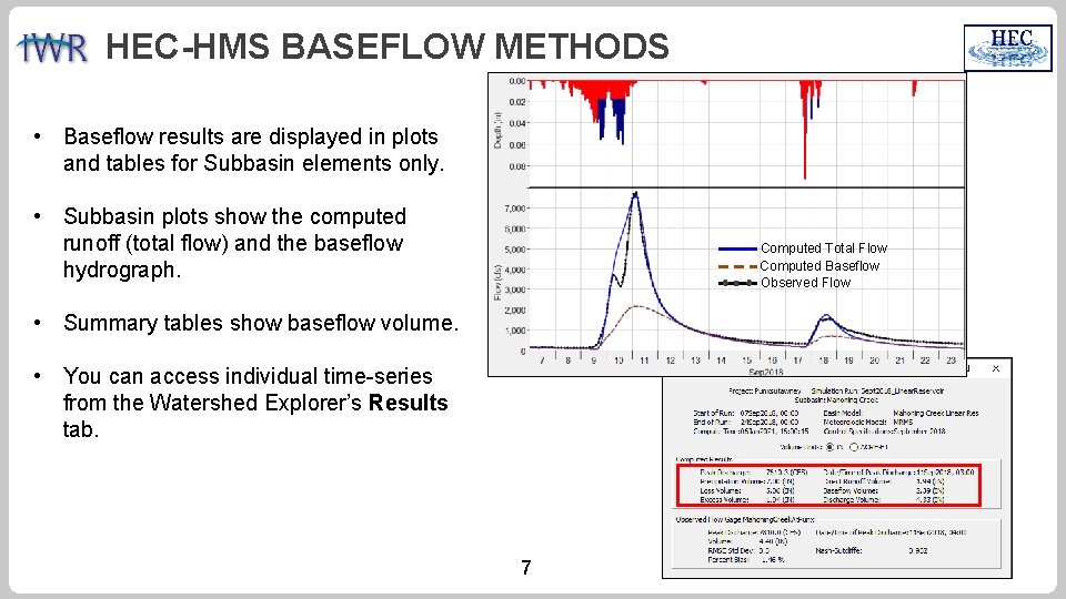 HEC-HMS BASEFLOW METHODS • Baseflow results are displayed in plots and tables for Subbasin