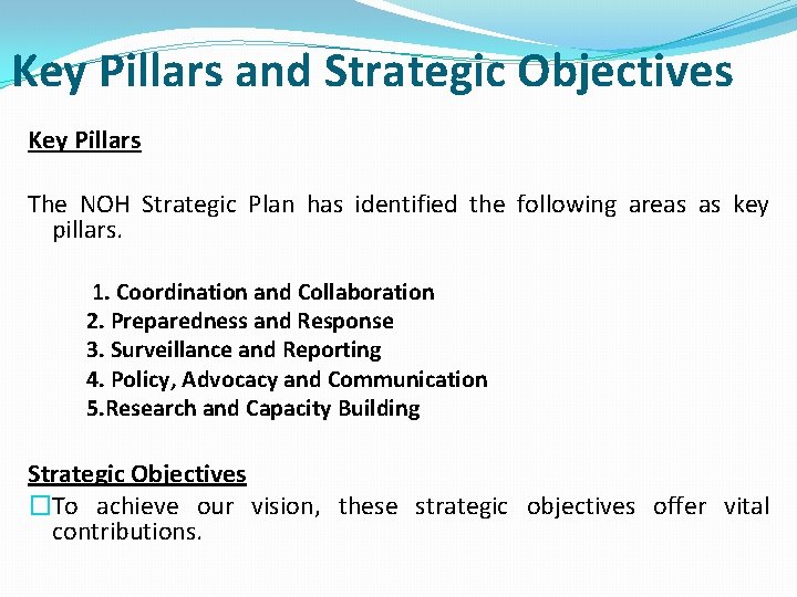 Key Pillars and Strategic Objectives Key Pillars The NOH Strategic Plan has identified the
