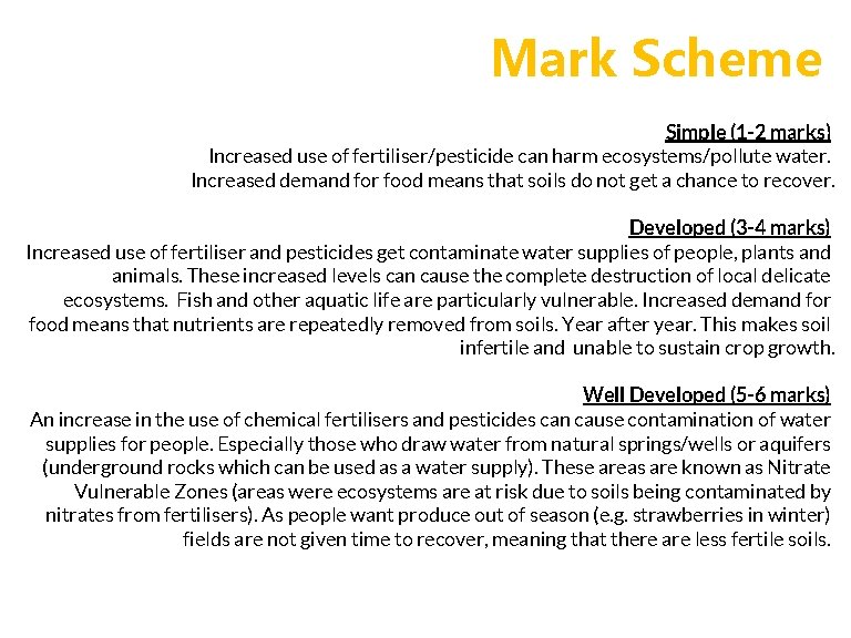 Mark Scheme Simple (1 -2 marks) Increased use of fertiliser/pesticide can harm ecosystems/pollute water.