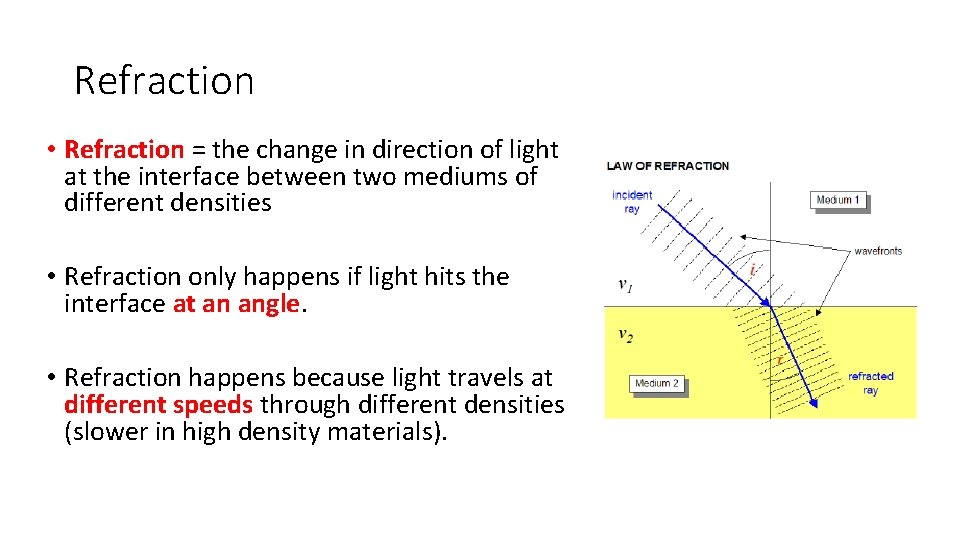 Refraction • Refraction = the change in direction of light at the interface between