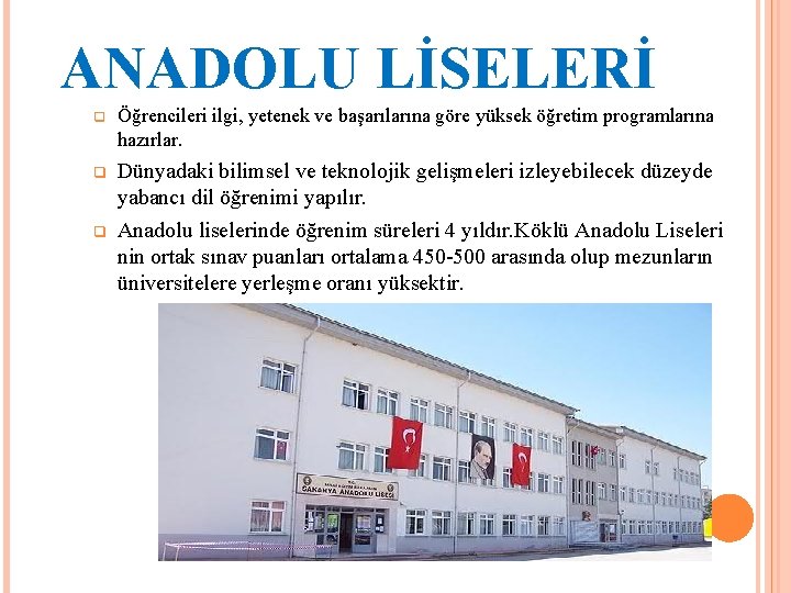 ANADOLU LİSELERİ q Öğrencileri ilgi, yetenek ve başarılarına göre yüksek öğretim programlarına hazırlar. q