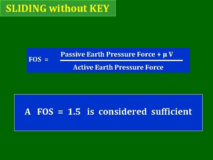 SLIDING without KEY FOS = Passive Earth Pressure Force + μ V Active Earth