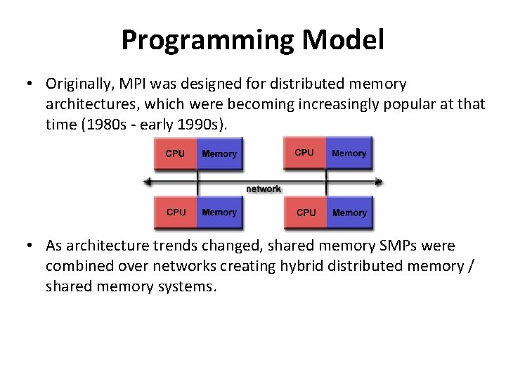 Programming Model • Originally, MPI was designed for distributed memory architectures, which were becoming