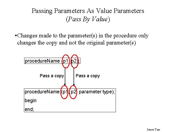 Passing Parameters As Value Parameters (Pass By Value) • Changes made to the parameter(s) Passing Parameters As Value Parameters (Pass By Value) • Changes made to the parameter(s)