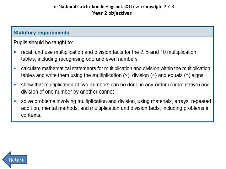 The National Curriculum in England. ©Crown Copyright 2013 Year 2 objectives Return 