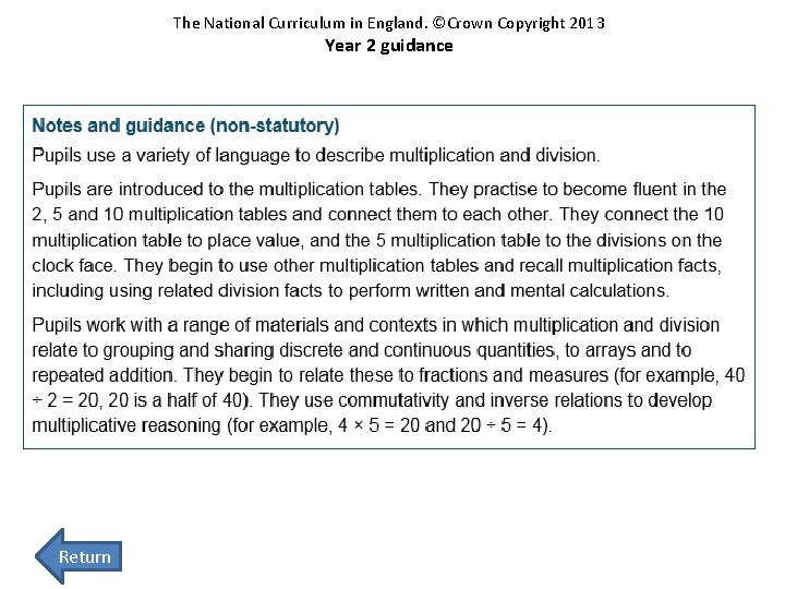 The National Curriculum in England. ©Crown Copyright 2013 Year 2 guidance Return 