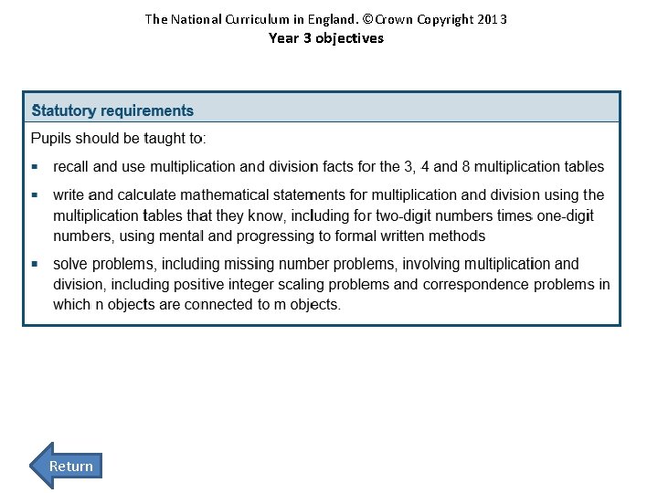 The National Curriculum in England. ©Crown Copyright 2013 Year 3 objectives Return 