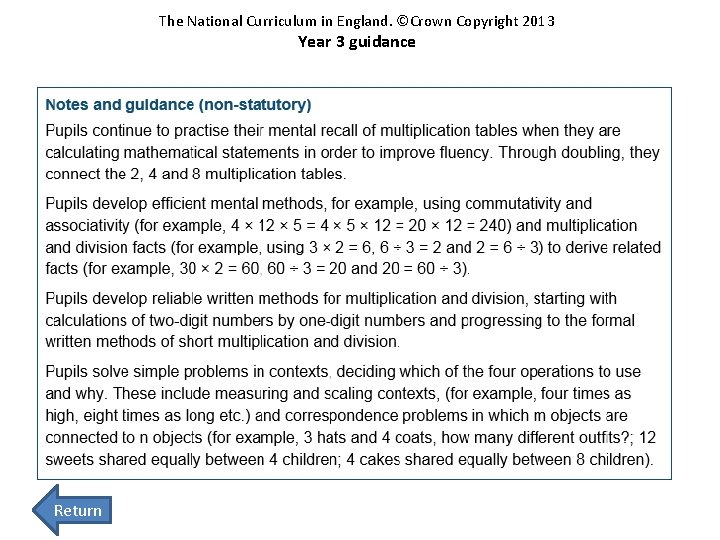 The National Curriculum in England. ©Crown Copyright 2013 Year 3 guidance Return 