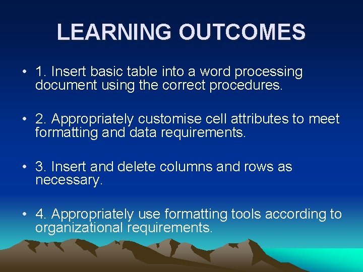 LEARNING OUTCOMES • 1. Insert basic table into a word processing document using the LEARNING OUTCOMES • 1. Insert basic table into a word processing document using the
