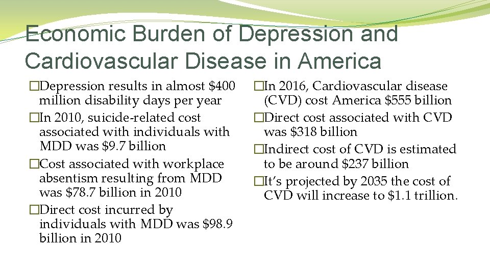 Economic Burden of Depression and Cardiovascular Disease in America �Depression results in almost $400