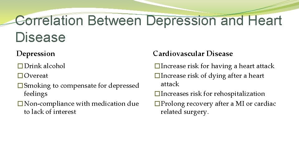 Correlation Between Depression and Heart Disease Depression Cardiovascular Disease �Drink alcohol �Overeat �Smoking to
