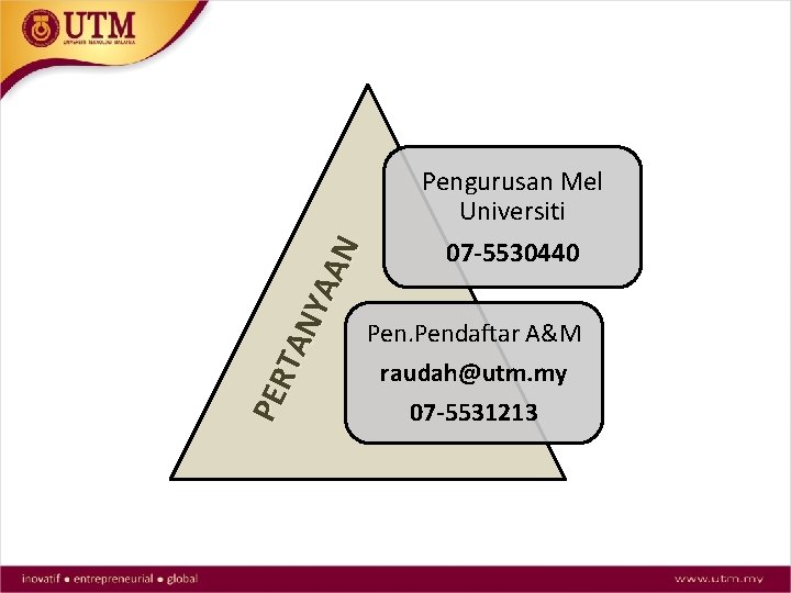 PER TAN YAA N Pengurusan Mel Universiti 07 -5530440 Pendaftar A&M raudah@utm. my 07