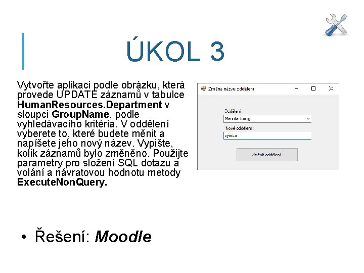 ÚKOL 3 Vytvořte aplikaci podle obrázku, která provede UPDATE záznamů v tabulce Human. Resources.