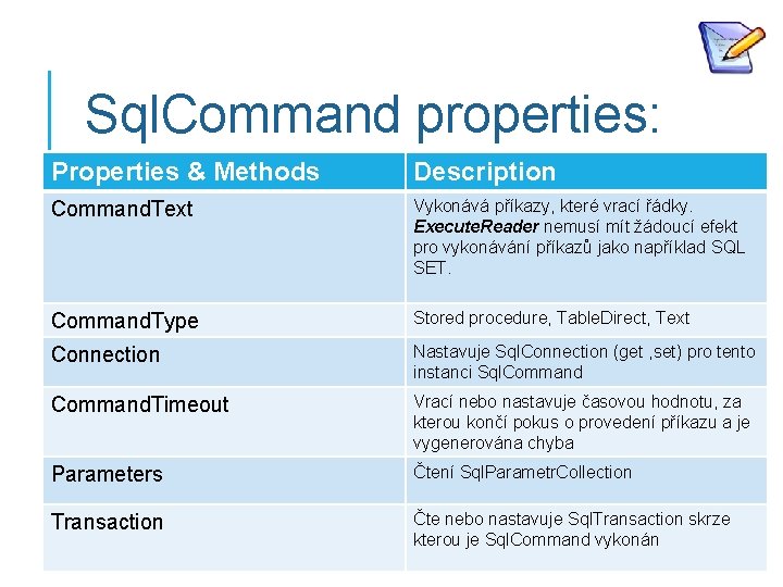 Sql. Command properties: Properties & Methods Description Command. Text Vykonává příkazy, které vrací řádky.