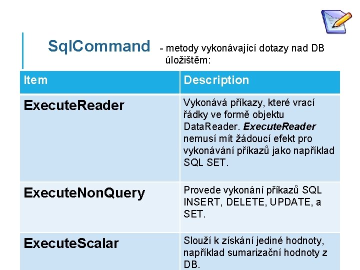 Sql. Command - metody vykonávající dotazy nad DB úložištěm: Item Description Execute. Reader Vykonává