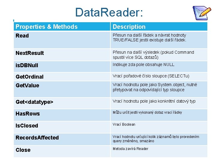 Data. Reader: Properties & Methods Description Read Přesun na další řádek a návrat hodnoty