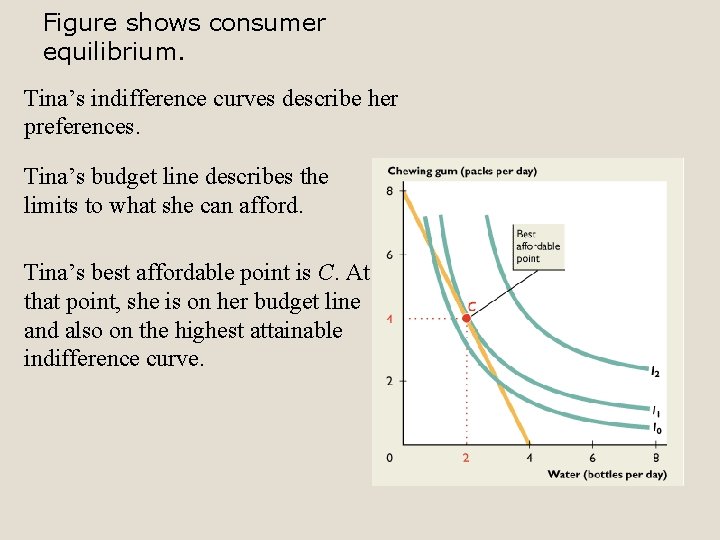 Figure shows consumer equilibrium. Tina’s indifference curves describe her preferences. Tina’s budget line describes