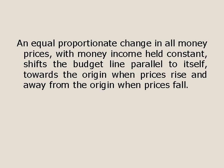 An equal proportionate change in all money prices, with money income held constant, shifts