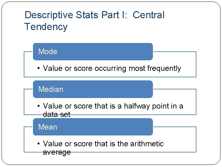 Descriptive Stats Part I: Central Tendency Mode • Value or score occurring most frequently