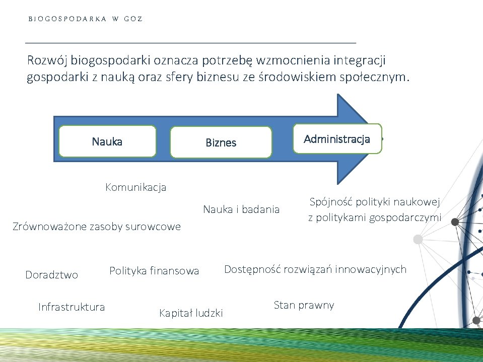 BIOGOSPODARKA W GOZ Rozwój biogospodarki oznacza potrzebę wzmocnienia integracji gospodarki z nauką oraz sfery