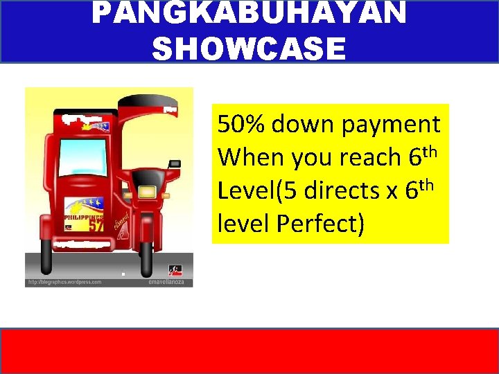 PANGKABUHAYAN SHOWCASE 50% down payment When you reach 6 th Level(5 directs x 6