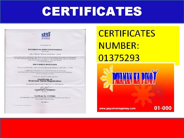 CERTIFICATES NUMBER: 01375293 