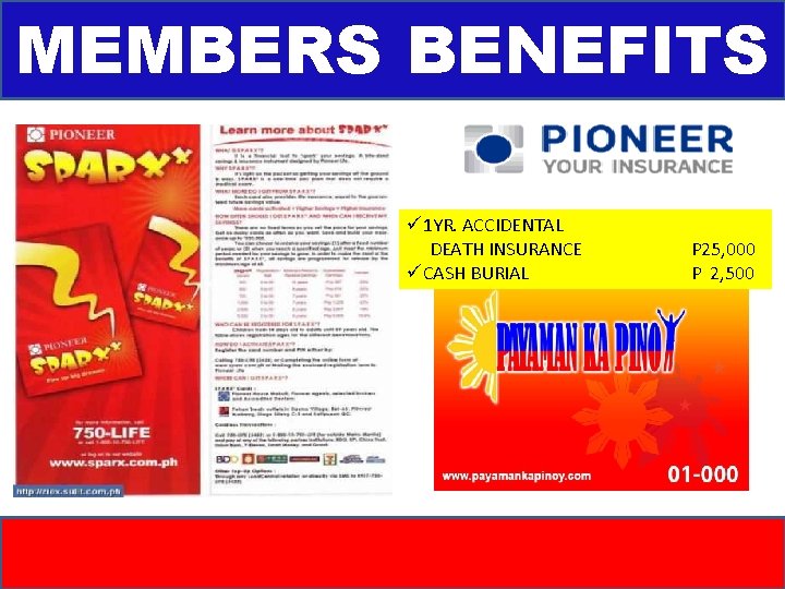 MEMBERS BENEFITS ü 1 YR. ACCIDENTAL DEATH INSURANCE üCASH BURIAL P 25, 000 P