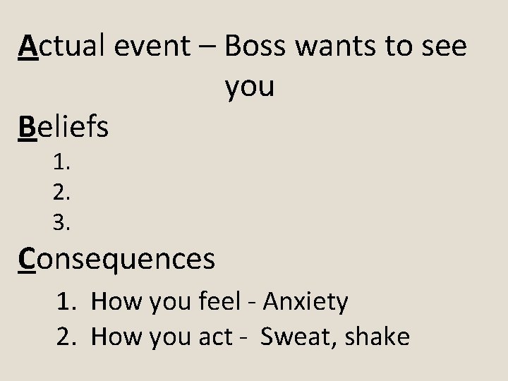 Actual event – Boss wants to see you Beliefs 1. 2. 3. Consequences 1.