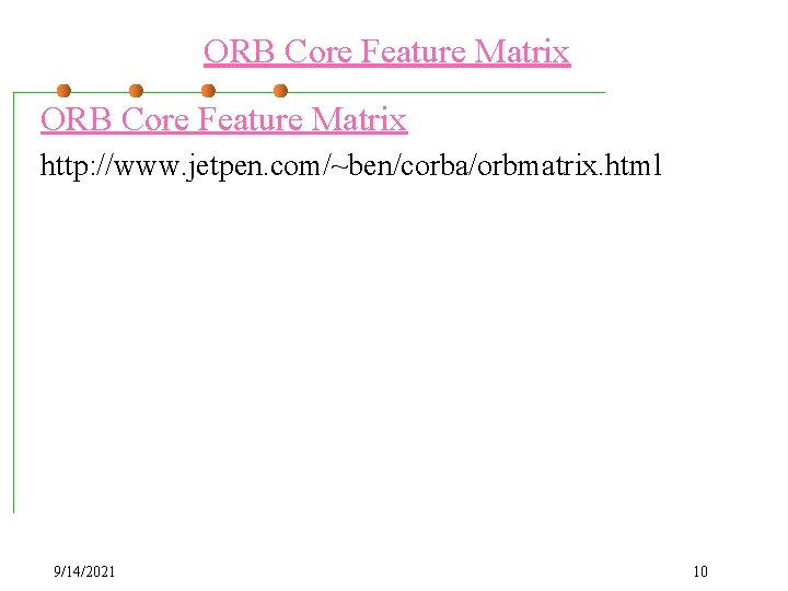 ORB Core Feature Matrix http: //www. jetpen. com/~ben/corba/orbmatrix. html 9/14/2021 10 