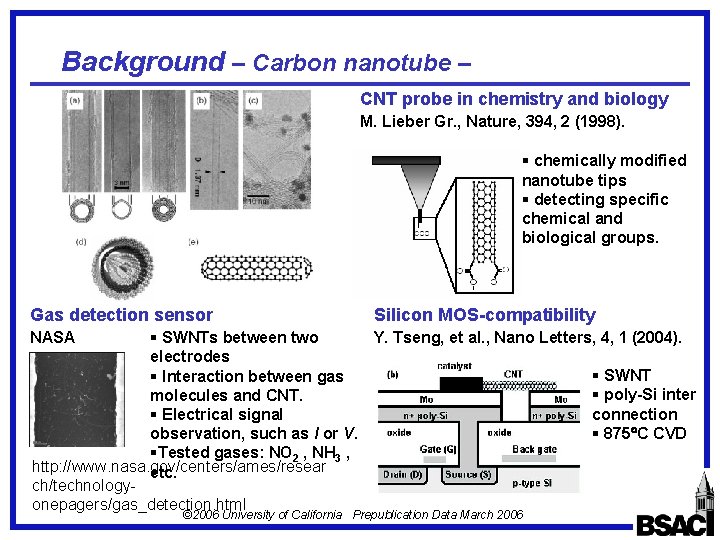 Background – Carbon nanotube – CNT probe in chemistry and biology M. Lieber Gr.